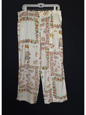 💙 ETHNC Linen Blend Floral Wide Leg Pull On Size L/XL Crop Pants White Boho Sum